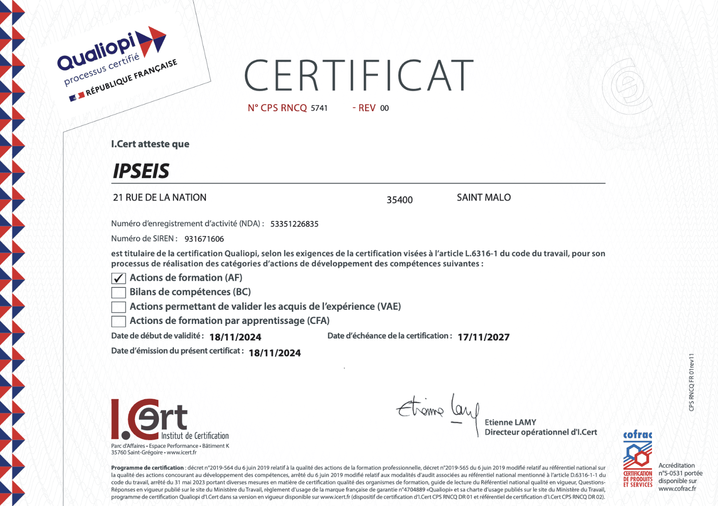 Certificat Qualiopi IPSEIS